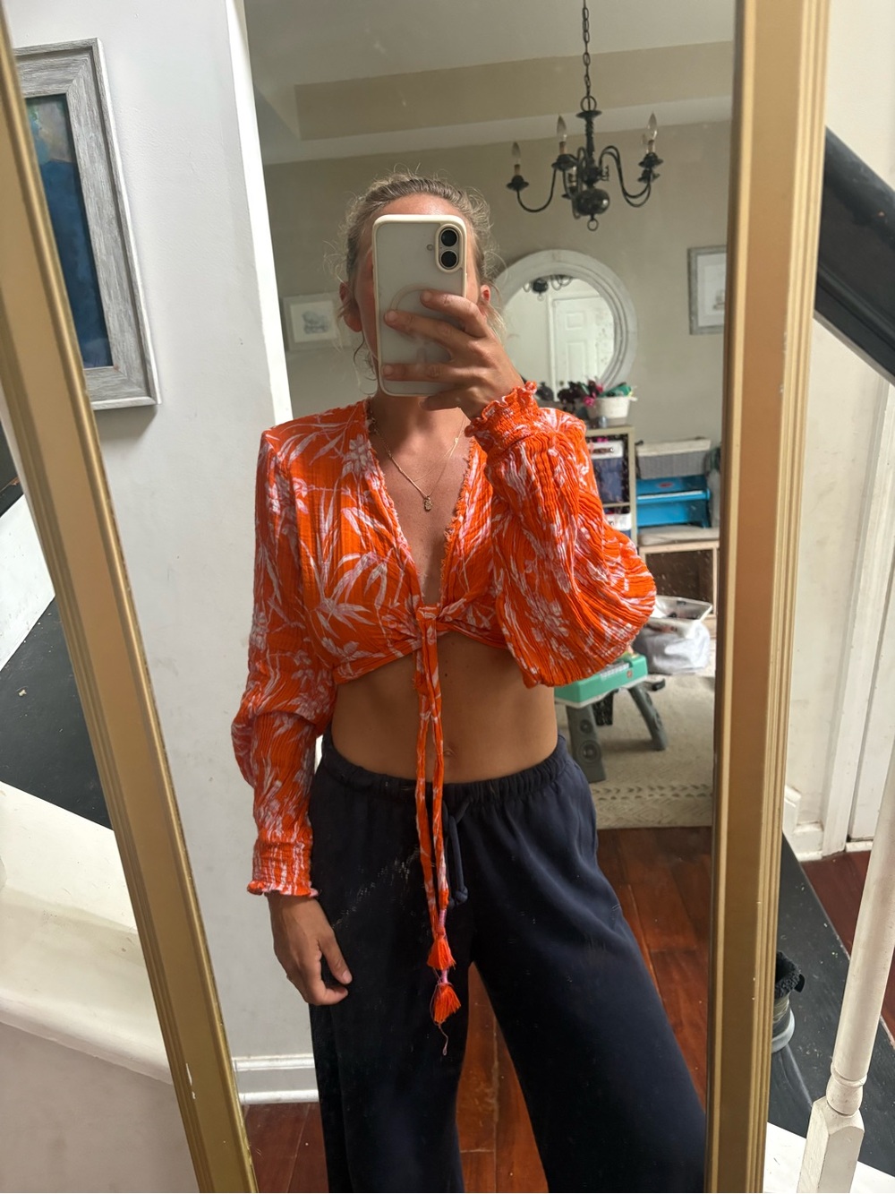 Anthropologie Orange & White Floral Tie-Front Crop Blouse